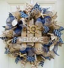 Welcome Beach Burlap Deco Mesh Wreath with Seashells, Seashell Wreath, Beach Wreath, Starfish Wreath