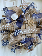 Welcome Beach Burlap Deco Mesh Wreath with Seashells, Seashell Wreath, Beach Wreath, Starfish Wreath