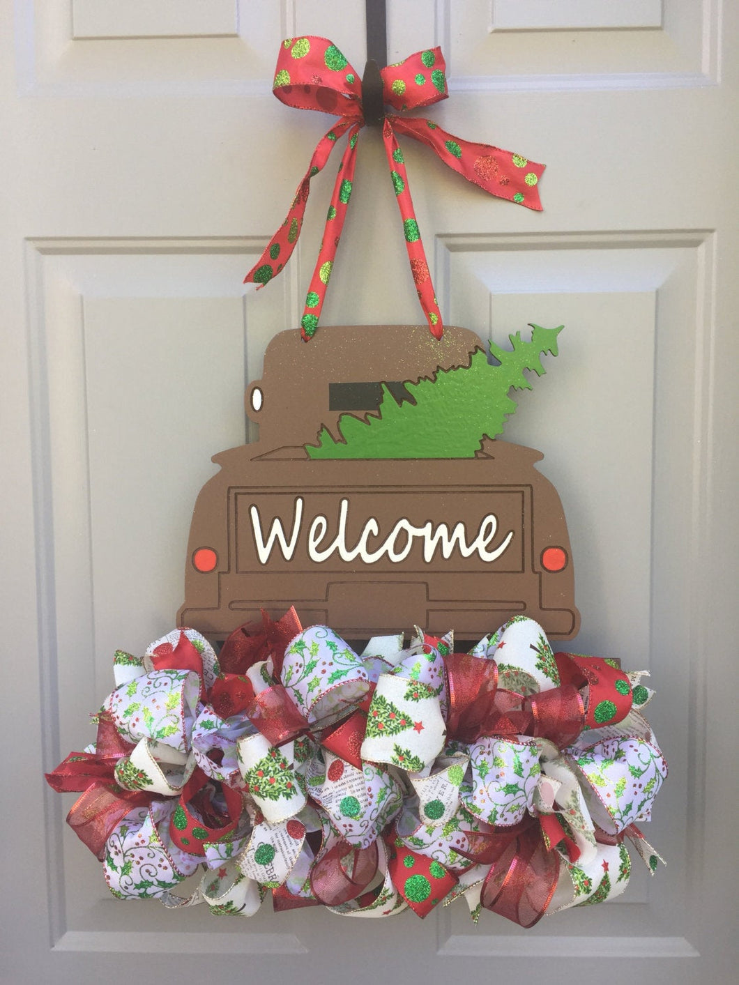 Christmas Tree Truck Welcome Door Hanger with Christmas Ribbon