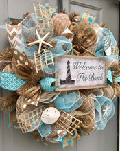 Welcome to the Beach Burlap/Deco Mesh Wreath with Sea Shells, Seashell Wreath, Beach Wreath, Starfish Wreath, Lighthouse Wreath