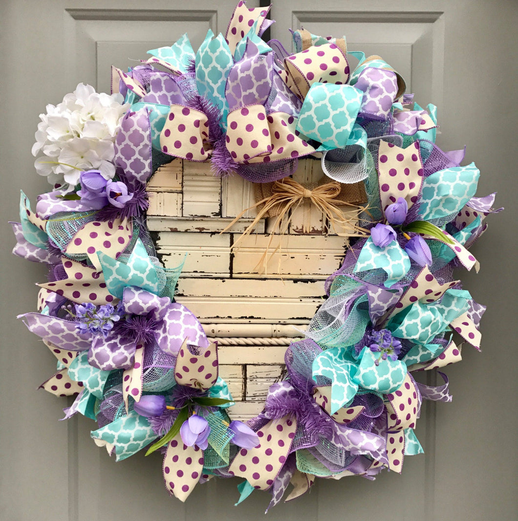 Valentine Heart Deco Mesh Wreath, Heart Wreath, Rustic Wooden Heart