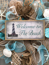 Welcome to the Beach Burlap/Deco Mesh Wreath with Sea Shells, Seashell Wreath, Beach Wreath, Starfish Wreath, Lighthouse Wreath