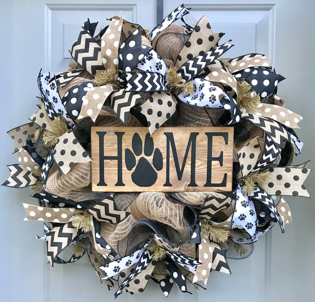 Home Pet Wreath, Dog Black and Brown Burlap Deco Mesh Wreath, Cat Wreath, Welcome Wreath