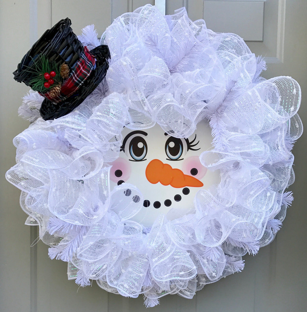 Snowman Deco Mesh Wreath, Christmas Wreath, Red and White Wreath, Top Hat
