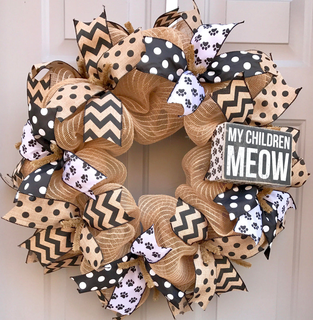 My Children Meow Black and Brown Burlap Deco Mesh Wreath, Pet Wreath, Cat Wreath