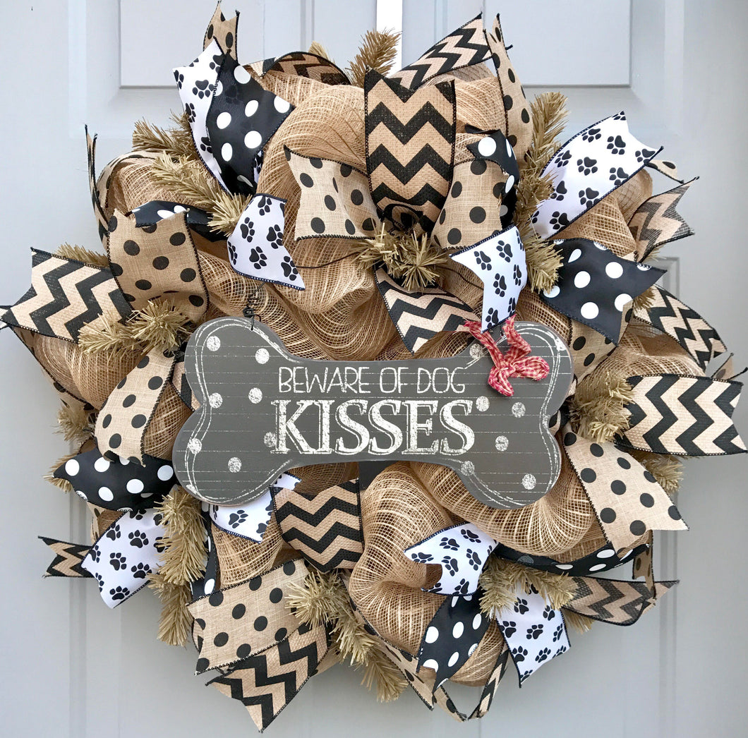 Beware of Dog Kisses Black and Brown Spotted Bone Deco Mesh Wreath