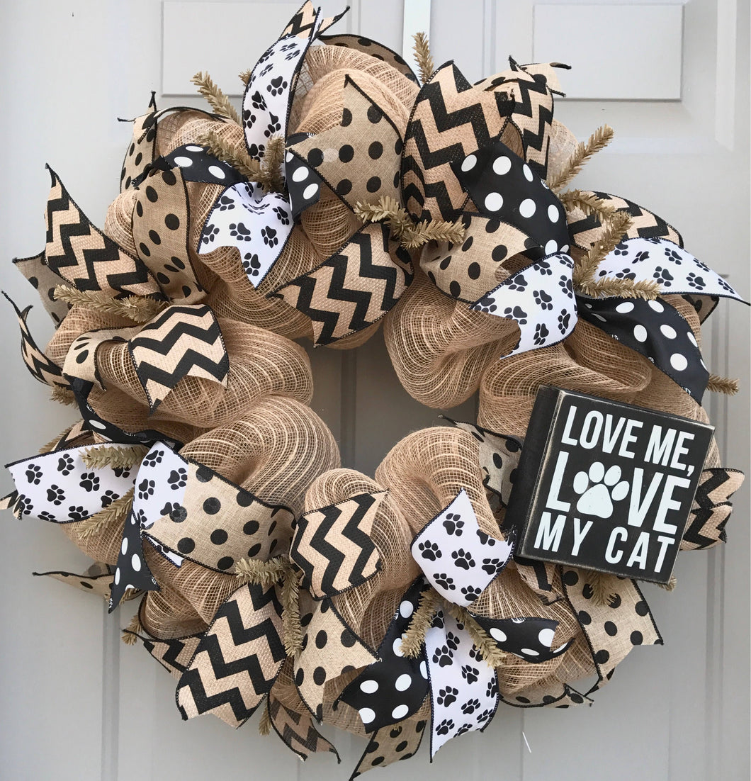 Love Me Love My Cat Black and Brown Burlap Deco Mesh Wreath, Pet Wreath, Cat Wreath