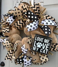 Love Me Love My Cat Black and Brown Burlap Deco Mesh Wreath, Pet Wreath, Cat Wreath