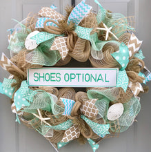 Beach Wreath, Shoes Optional, Burlap Deco Mesh Wreath with Seashells, Seashell Wreath, Sea Shell Wreath, Starfish Wreath