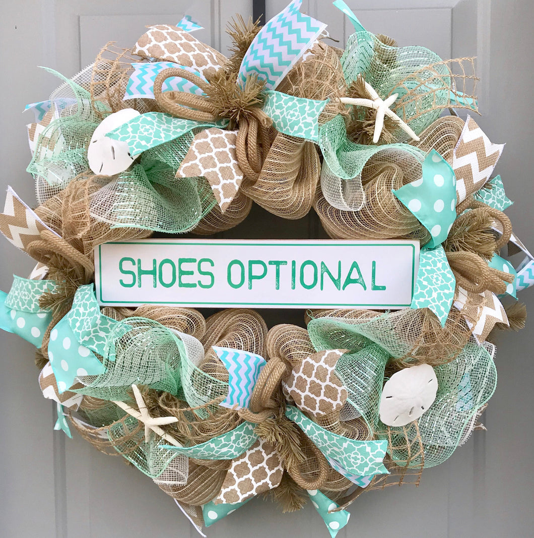 Beach Wreath, Shoes Optional, Burlap Deco Mesh Wreath with Seashells, Seashell Wreath, Sea Shell Wreath, Starfish Wreath