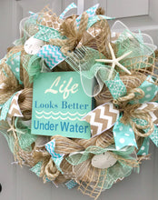Beach Burlap Wreath, Seashell Wreath, Life Looks Better Under Water, Sea Shell Wreath, Beach Wreath, Starfish Wreath