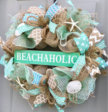 Beach Wreath, Beachaholic, Burlap Deco Mesh Wreath with Seashells, Seashell Wreath, Sea Shell Wreath, Starfish Wreath