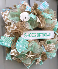 Beach Wreath, Shoes Optional, Burlap Deco Mesh Wreath with Seashells, Seashell Wreath, Sea Shell Wreath, Starfish Wreath