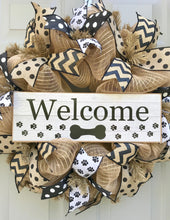 Welcome Dog Wreath, Pet Wreath, Paw Print Wreath, Black Brown Wreath, Burlap Wreath, Polka Dot Wreath
