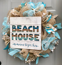 Beach House Burlap Deco Mesh Wreath with Seashells, Seashell Wreath, Sea Shell Wreath, Beach Wreath, Starfish Wreath, Memories Begin Here