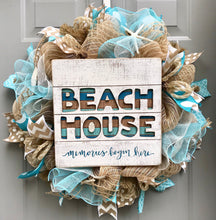 Beach House Burlap Deco Mesh Wreath with Seashells, Seashell Wreath, Sea Shell Wreath, Beach Wreath, Starfish Wreath, Memories Begin Here