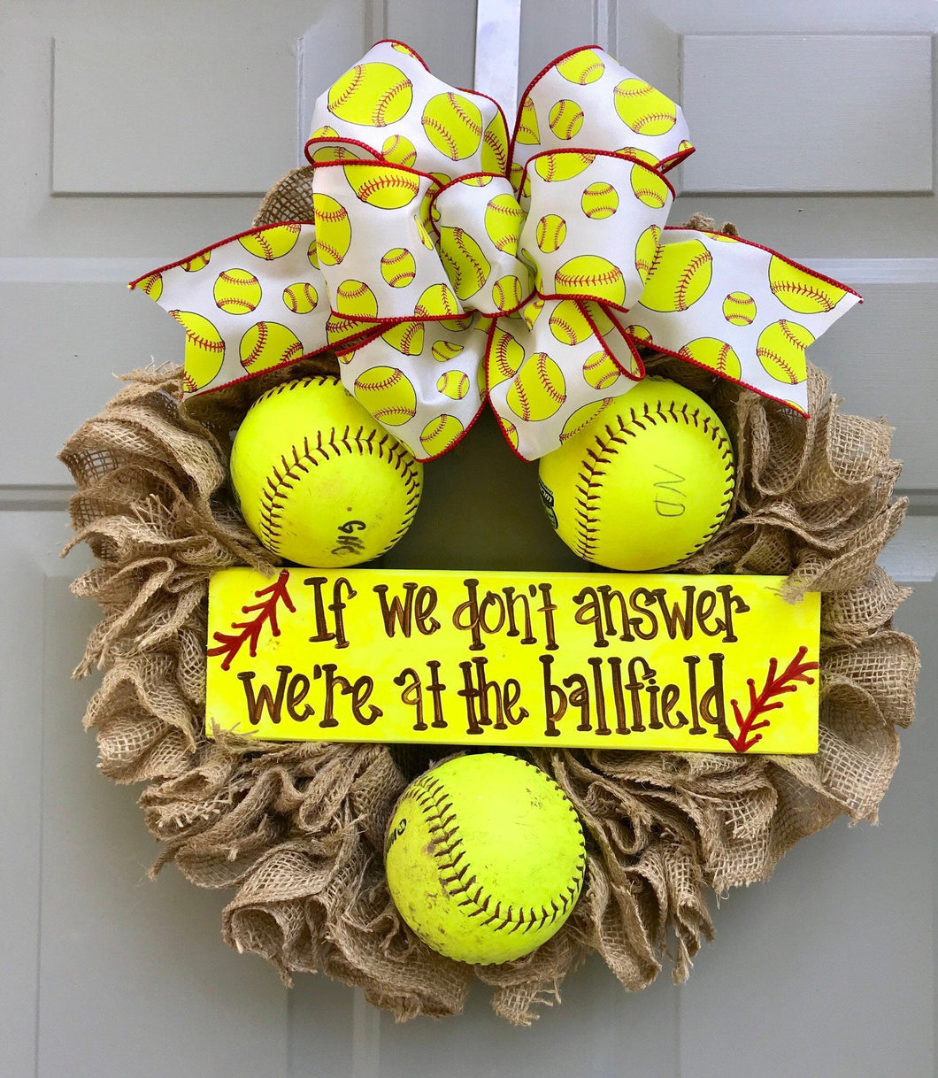Softball Wreath, If We Don't Answer We're At The Ballfield Softball Burlap Wreath, Sports Wreath