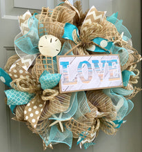 Beach Wreath, Burlap Deco Mesh Wreath with Seashells, Love Beach, Nautical Wreath, Seashell Wreath, Starfish Wreath