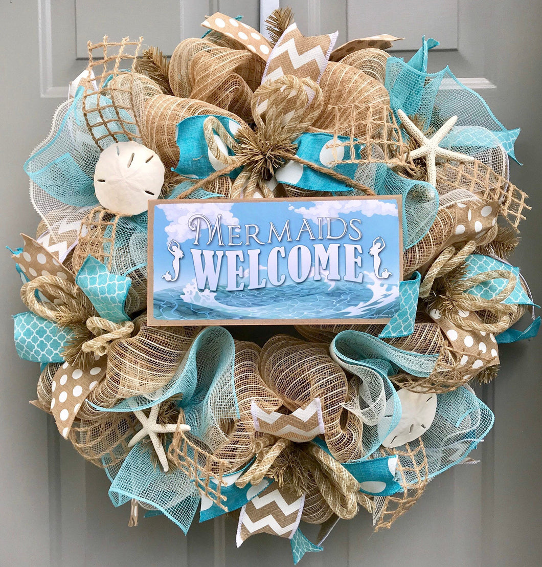 Beach Wreath, Mermaids Welcome, Mermaid Decor, Burlap Deco Mesh Wreath with Seashells, Nautical Wreath, Seashell Wreath, Welcome Wreath