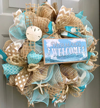 Beach Wreath, Mermaids Welcome, Mermaid Decor, Burlap Deco Mesh Wreath with Seashells, Nautical Wreath, Seashell Wreath, Welcome Wreath