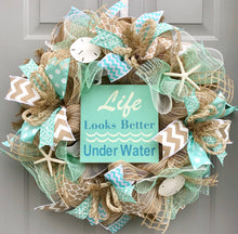 Beach Burlap Wreath, Seashell Wreath, Life Looks Better Under Water, Sea Shell Wreath, Beach Wreath, Starfish Wreath