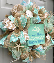 Beach Burlap Wreath, Seashell Wreath, Life Looks Better Under Water, Sea Shell Wreath, Beach Wreath, Starfish Wreath