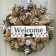 Welcome Dog Wreath, Pet Wreath, Paw Print Wreath, Black Brown Wreath, Burlap Wreath, Polka Dot Wreath