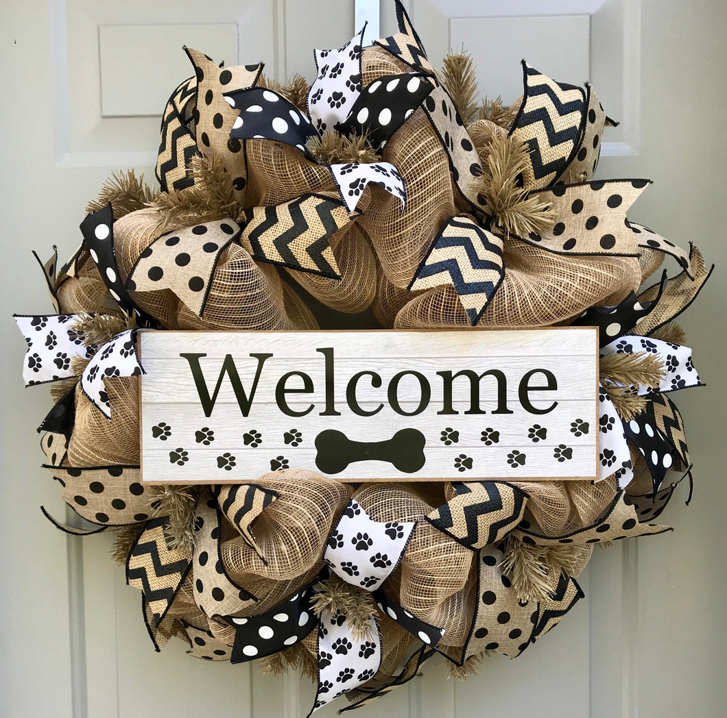 Welcome Dog Wreath, Pet Wreath, Paw Print Wreath, Black Brown Wreath, Burlap Wreath, Polka Dot Wreath