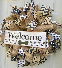 Welcome Dog Wreath, Pet Wreath, Paw Print Wreath, Black Brown Wreath, Burlap Wreath, Polka Dot Wreath