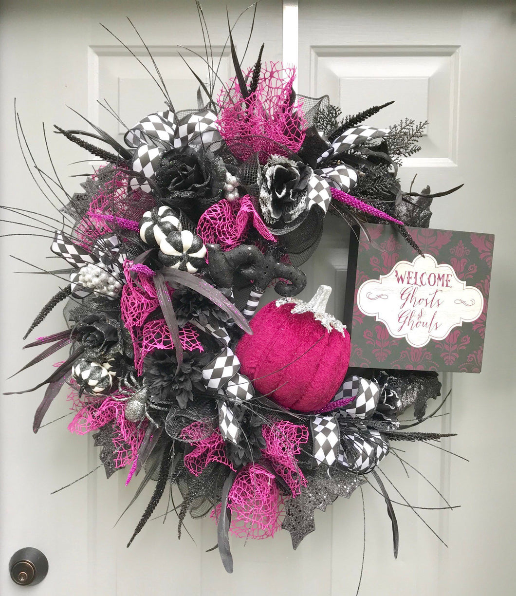 Halloween Floral Wreath, Welcome Ghosts and Ghouls, Halloween Decor, Spider Wreath, Black Purple Wreath, Pumpkin Wreath, Grapevine Wreath