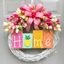 Home Tulip Wreath, Pineapple Decor, Pink Tulip Wreath, Grapevine Wreath, Welcome Wreath