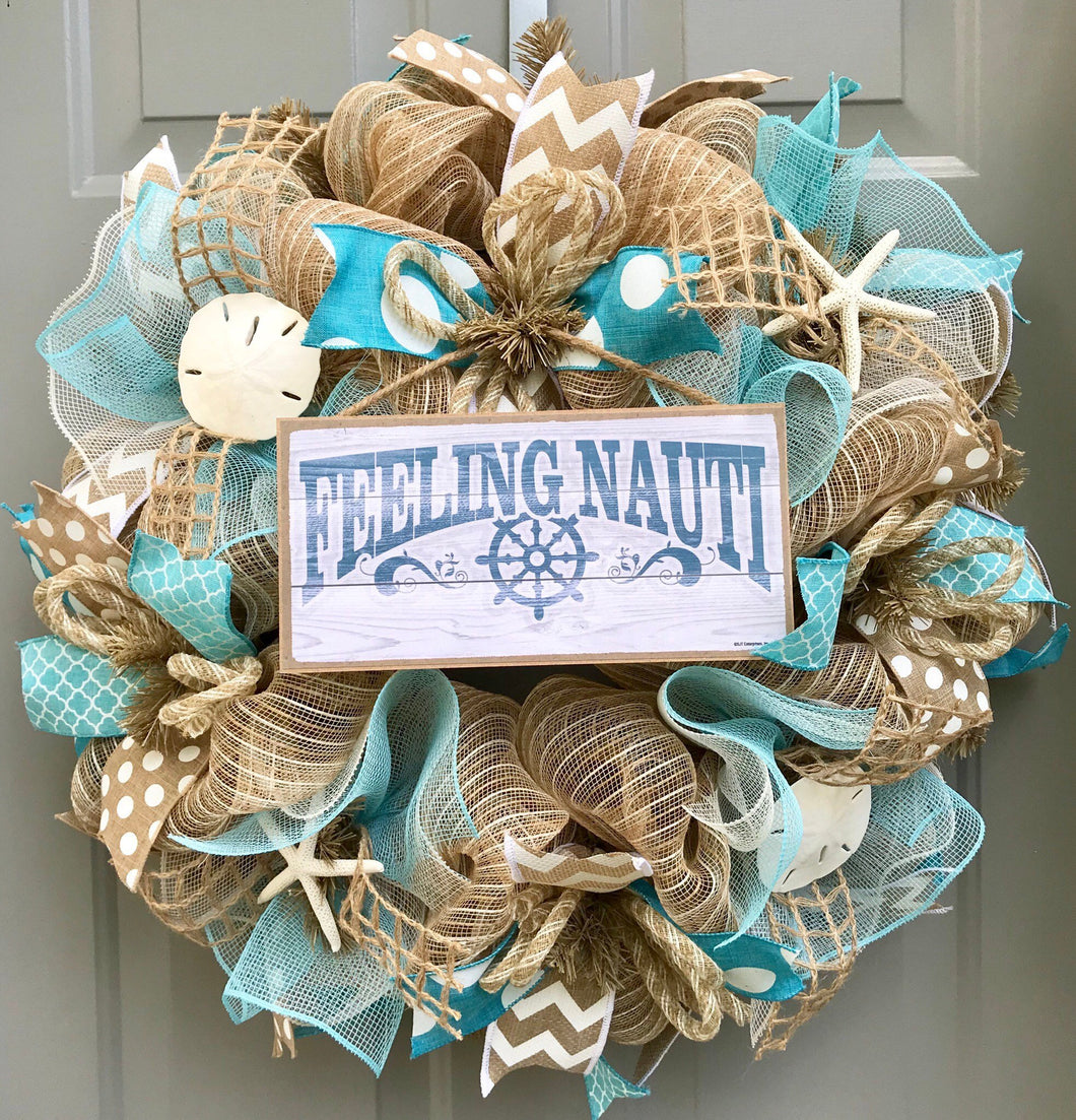 Beach Wreath, Burlap Deco Mesh Wreath with Seashells, Feeling Nauti, Nautical Wreath, Seashell Wreath, Starfish Wreath