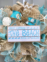 Beach Wreath, Burlap Deco Mesh Wreath with Seashells, Love Beach, Nautical Wreath, Seashell Wreath, What Happens At The Beach Ends Up Online
