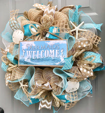Beach Wreath, Mermaids Welcome, Mermaid Decor, Burlap Deco Mesh Wreath with Seashells, Nautical Wreath, Seashell Wreath, Welcome Wreath
