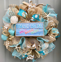 Beach Wreath, Beach Rules, Relax Enjoy Unwind, Burlap Deco Mesh Wreath with Seashells, Nautical Wreath, Seashell Wreath, Welcome Wreath