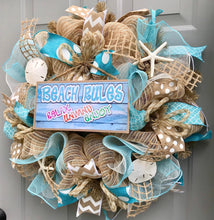 Beach Wreath, Beach Rules, Relax Enjoy Unwind, Burlap Deco Mesh Wreath with Seashells, Nautical Wreath, Seashell Wreath, Welcome Wreath