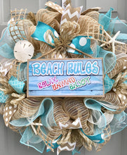 Beach Wreath, Beach Rules, Relax Enjoy Unwind, Burlap Deco Mesh Wreath with Seashells, Nautical Wreath, Seashell Wreath, Welcome Wreath