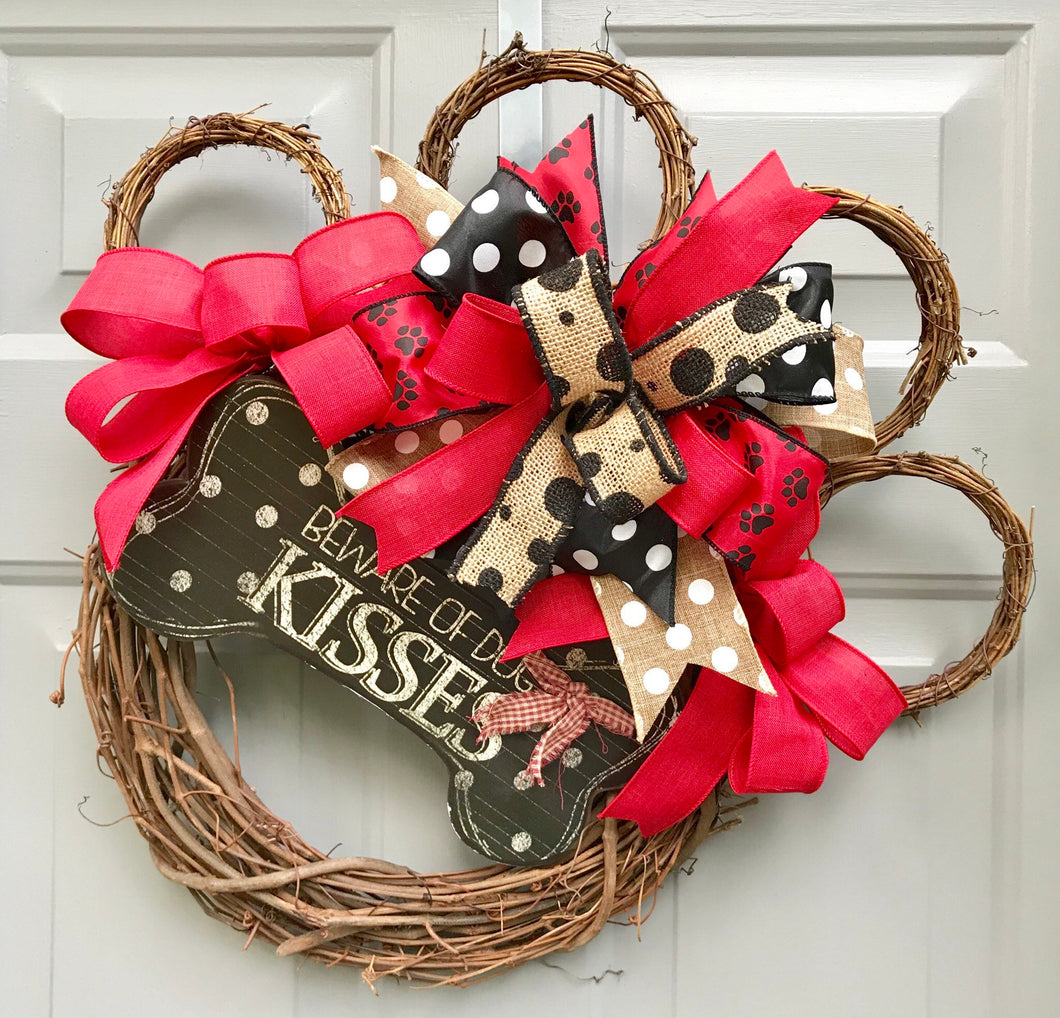 Paw Print Wreath, Dog Wreath, Red and Black Wreath, Pet Wreath, Beware Dog Kisses