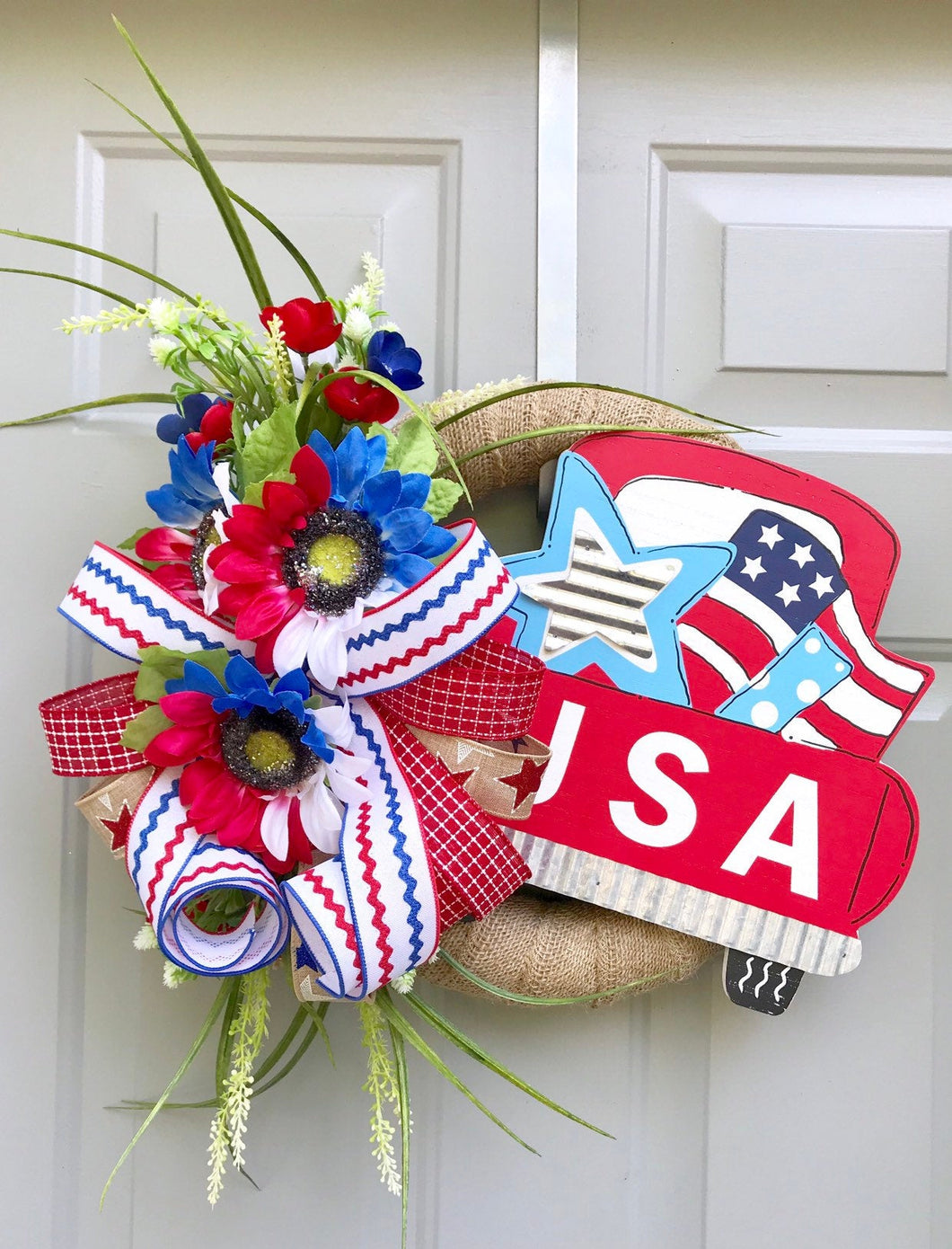 July 4th Red Truck Wreath, Independence Day Decor, Patriotic Rustic Burlap Wreath, Floral July 4th