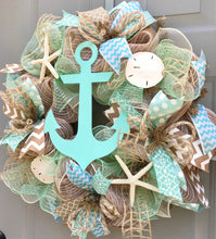 Beach Wreath, Anchor Nautical Burlap Deco Mesh Wreath, Nautical Wreath