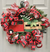 Christmas Red Truck Wreath, Buffalo Plaid Evergreen, Christmas Decor, Old Red Truck