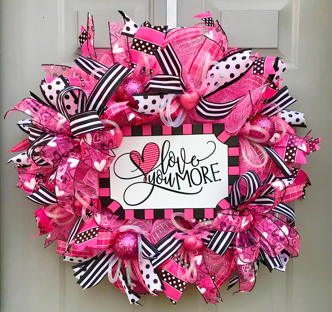 Love You More, Happy Valentine's Day Deco Mesh Wreath, Valentine Themed Heart Decor