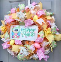 Happy Easter Wreath with Hydrangeas and Spring Flowers, Easter Owl with Jelly Beans and Easter Eggs