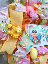 Happy Easter Wreath with Hydrangeas and Spring Flowers, Easter Owl with Jelly Beans and Easter Eggs