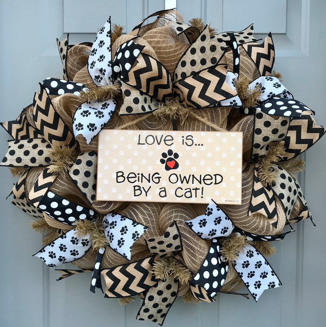 Love is Being Owned By A Cat Black and Brown Burlap Deco Mesh Wreath, Pet Decor