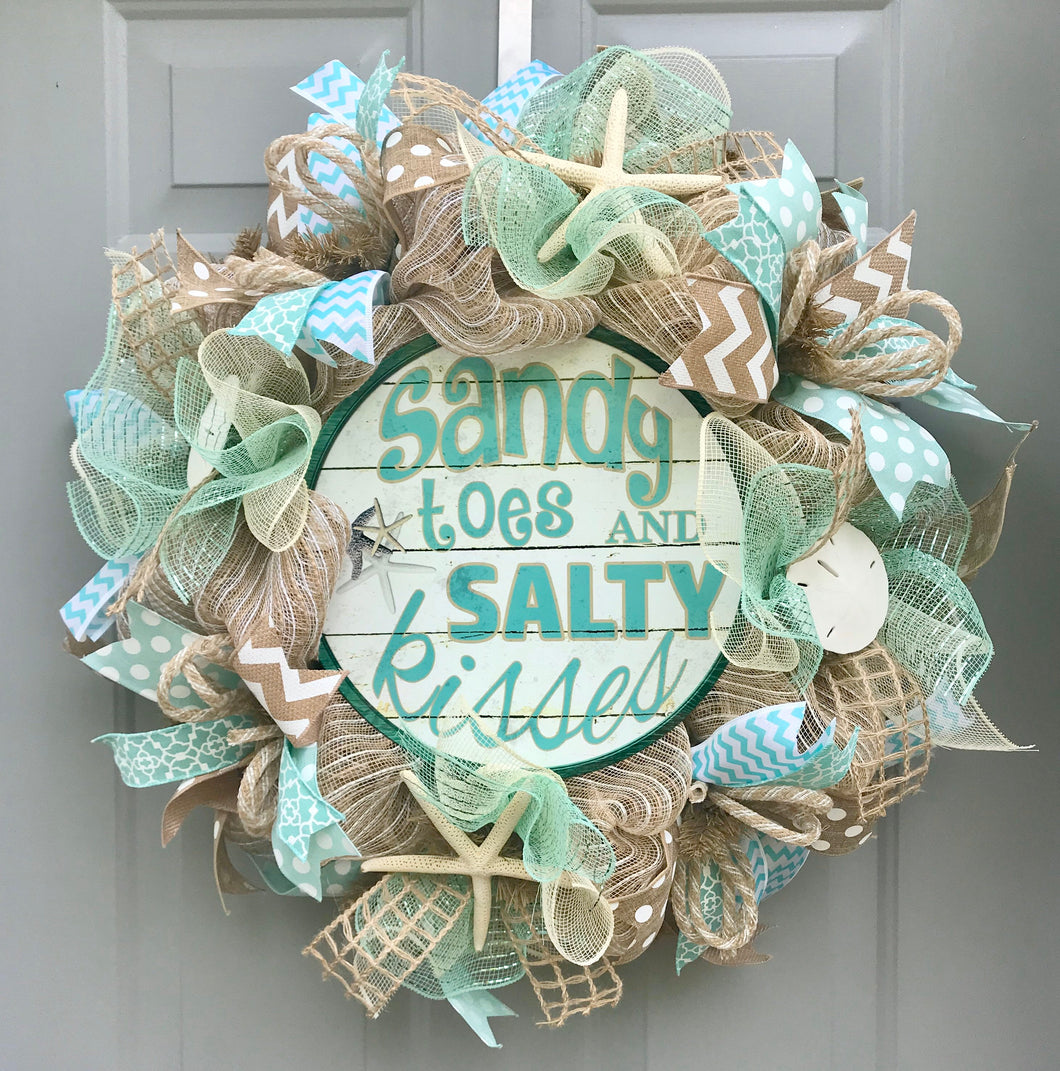 Beach Wreath, Sandy Toes and Salty Kisses Seashell Decor, Starfish Wreath, Beach House