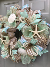 Beach Wreath, Burlap Deco Mesh Wreath with Seashells, Nautical Wreath, Seashell Wreath, Welcome Wreath