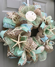 Beach Wreath, Burlap Deco Mesh Wreath with Seashells, Nautical Wreath, Seashell Wreath, Welcome Wreath