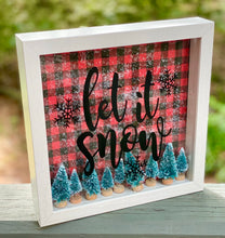 Let It Snow Christmas Decor, 9x9 Shadow Box for side table or foyer, Buffalo Plaid Winter Mantle decor, Bottle Brush Sisal Trees