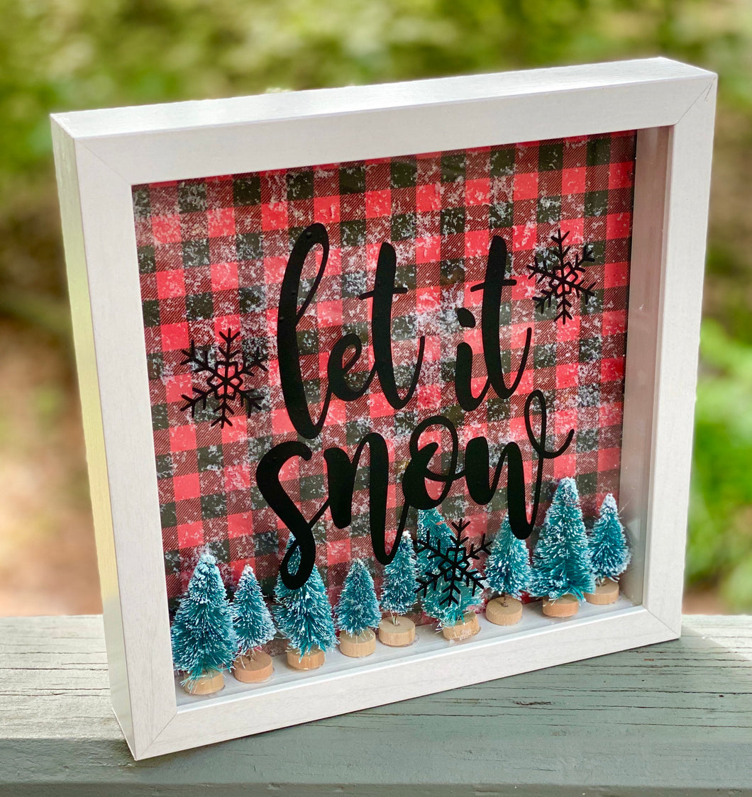 Let It Snow Christmas Decor, 9x9 Shadow Box for side table or foyer, Buffalo Plaid Winter Mantle decor, Bottle Brush Sisal Trees